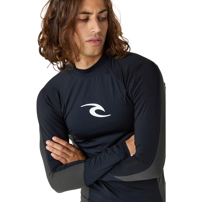 2024 Rip Curl Mens Waves UPF Performance Chaleco de manga larga 141MRV - Negro